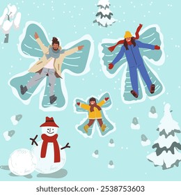 Family making snow angels. Man, woman and child lie in snow and make figures. Mom and dad spend time together with son, outdoor leisure and activity in winter season. Flat vector illustration