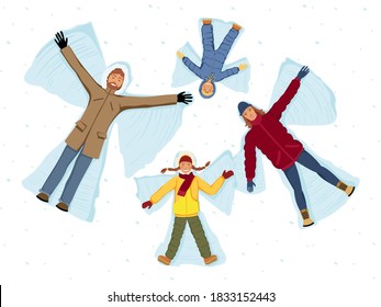 Family making snow angels. Parents and children isolated vector illustration.