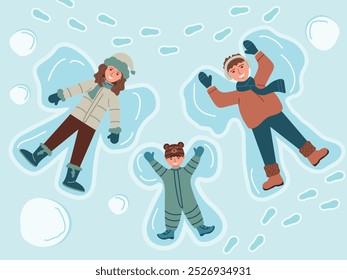 Familia que hace los ángeles de la nieve en la nieve en invierno. Invierno de fondo plano vista superior de la familia feliz. Ilustración vectorial de diversión invernal.