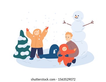 Family making snowman flat vector illustration. Young father spending time with little kids cartoon characters. Funny toddler tasting snowflakes. Traditional winter outdoor activities.