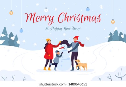 Family making snowman holiday card. Merry Christmas and Happy New Year, 2020 winter holidays. People character with pet make Xmas snowman, outdoor teamwork postcard vector illustration