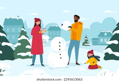 Family making snowman. Man and woman with child in park spend time together. Outdoor activity and leisure.