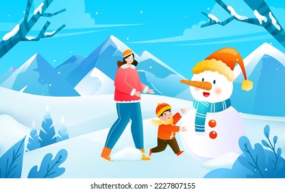 Family making snowman outdoors in winter snowy weather with house and trees in the background, vector illustration