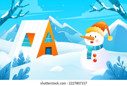 Family making snowman outdoors in winter snowy weather with house and trees in the background, vector illustration