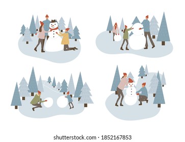 Family making snowman set. Family in winter park at snowfall making snowman with kids. Wintertime holidays vacation cartoon. Vector illustration