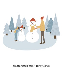 Family Making Snowman Together, father and son and snowman. Family in winter park at snowfall making snowman with kids. Wintertime holidays vacation cartoon. Vector illustration