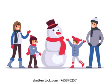 Family Making Snowman Together. Flat Style Vector Illustration Isolated On White Background.