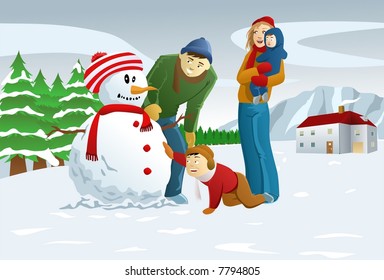 Family Making Snowman - Vector