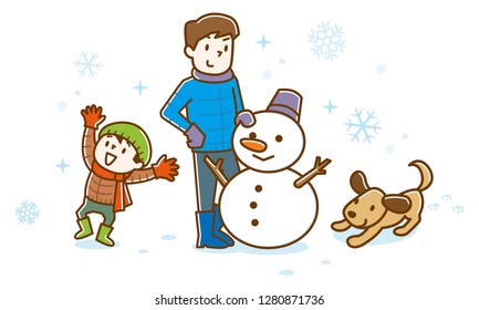 Family making snowman in winter