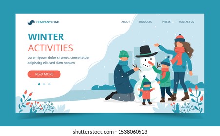 Family making a snowman in winter. Landing page template. Cute vector illustration in flat style.