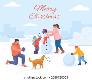 Family making snowman. Winter play people build christmas snow man, happy children with dog outdoor playing snowballs xmas card new year background vector illustration. Family cartoon and snowman