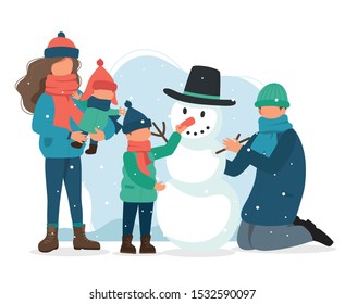 Family making a snowman in winter. Vector illustration in flat style