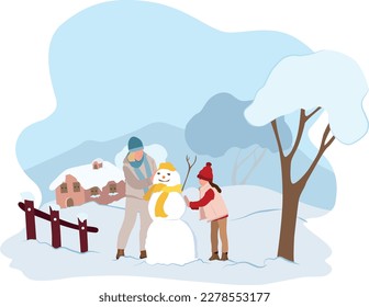 Family making snowman. a woman and her children building snowman. Winter holidays illustration. Outdoor activity, winter concept.