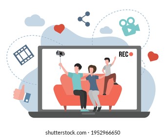 Family making video blog about their life vector flat illustration. Mother, father and son sitting on sofa and streaming, recording vlog or podcast. Bloggers make content for social media.