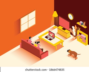 Family making video call with laptop at Home isometric 3d vector concept for banner, website, illustration, landing page, flyer, etc