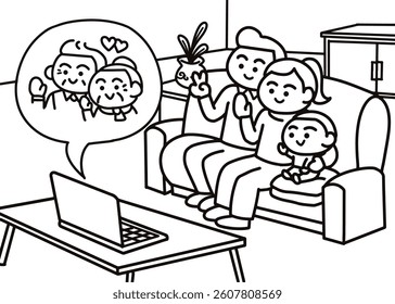 The family is making a video call to their grandparents.