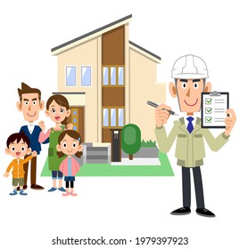 A family, a male worker holding a checklist, and a house