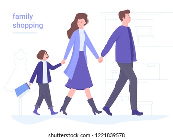 Family in the mall. Shopping together. Mom, father and daughter hold hands. On the background of the shelf with the goods. Vector illustration with bright characters.