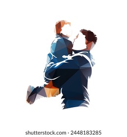 Family, man carries young son in his arms. Fun with dad. Father's Day. Isolated low poly vector illustration