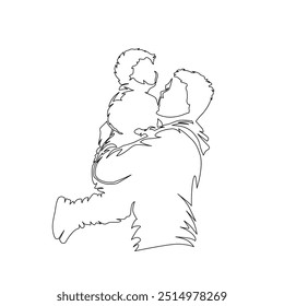 Family, man carries young son in his arms. Fun with dad. Father's Day. Vector line art