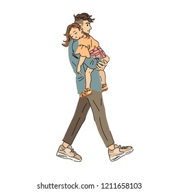 Family. Man with children. Daughter fell asleep in her father's arms. Young dad with daughter. Vector illustration.