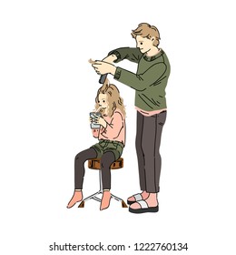 Family. Man with children. Father combing daughter. Young dad with daughter. Vector illustration.