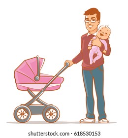 Family. Man with children. Father pushing baby carriage, holding little baby in hands. Young dad with daughter. Vector illustration.