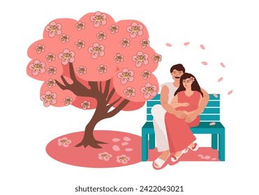 A family of a man and a pregnant woman are sitting in an embrace on a park bench near cherry blossoms. Sakura festival, family, love, pregnancy. Vector cartoon illustration.