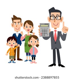 Family and a man in a suit showing a calculator