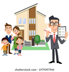 A family, a man in a suit showing a checklist, and a house