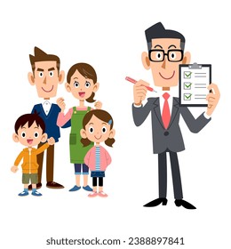 Family and a man in a suit showing a checklist