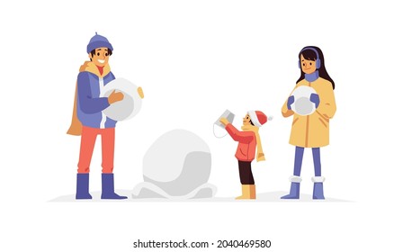 Family of man, woman and child making a snowman, flat vector illustration isolated on white background. Scene of family winter activity or outdoor game with snow.