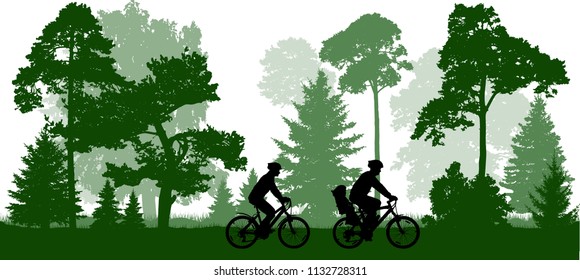 Family (man, woman and child) rides the bicycles in the park (forest). Silhouette, vector