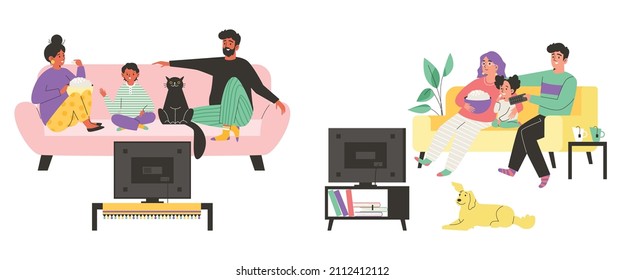 Family man, woman and children sitting on couch at home and watching TV. Family weekend or evening recreation, flat vector illustration isolated on white background.