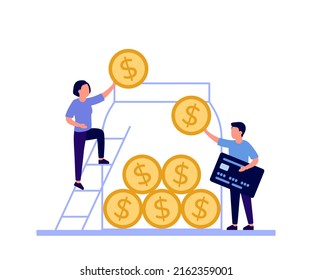 Family man and woman collect money salary into huge glass jar for save coin and make profit. Golden coins for savings, save in account, invest. Finance budget economy. Vector illustration