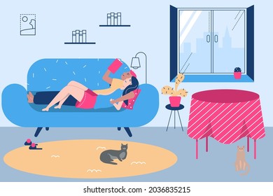 Family man woman lying at sofa together, vector illustration, flat man woman couple character read book at couch, living room with cat.
