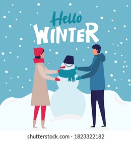 family with man and woman making snowman on snow landscape background. Modern people holiday design for xmas season. Merry Christmas happy new year winter illustration