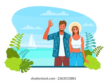 Una familia, un hombre y una mujer, se relajan a orillas del mar, en la playa, con un yate y plantas tropicales como telón de fondo. Concepto de turismo, viajes, vacaciones familiares, vacaciones. Vector plano.