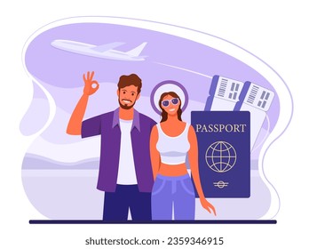 Family, man and woman travel with passport and plane tickets. Concept for vacation trip, tourism, travel, airplane flights. Vector flat illustration in blue and purple color.