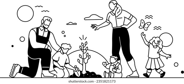 Family with a man, woman a two children and a baby planting a tree. The sun is shining and there is a butterfly. Ecology, environmental. Black and white, Concept illustration, vector