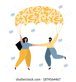 Family of man and woman using emergency fund as golden parachute in difficult times. Personal finance, money savings, emergency support fund, personal capital, insurance concepts. 