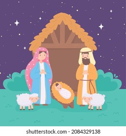 family manger night stable with sheep