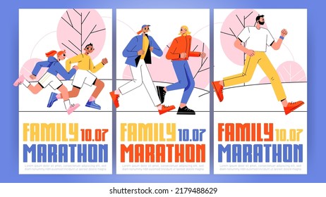 Family marathon ads banners, invitation for parents and children to run sports competition. Father, mother, daughter and son characters healthy lifestyle, outdoor activity Line art flat Vector posters