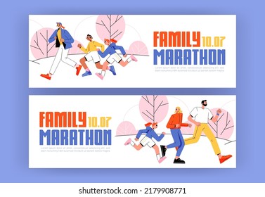 Family marathon ads banners, invitation for parents and children to run sports competition. Father, mother, daughter and son characters healthy lifestyle, outdoor activity Line art flat Vector posters