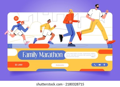 Family marathon banner with happy couple and kids running in city. Vector landing page of sport activity, healthy lifestyle with flat illustration of boy and girl jogging with parents