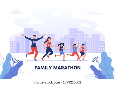 Family marathon. Happy parents run together with kids. Healthy lifestyle, jogging people vector illustration. Young couple bonding with little children. People participate in sportive activity