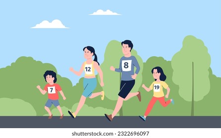 Family marathon, running father mother and children. Active weekend, health care. Adult people and kids fun jogging competition, recent vector scene