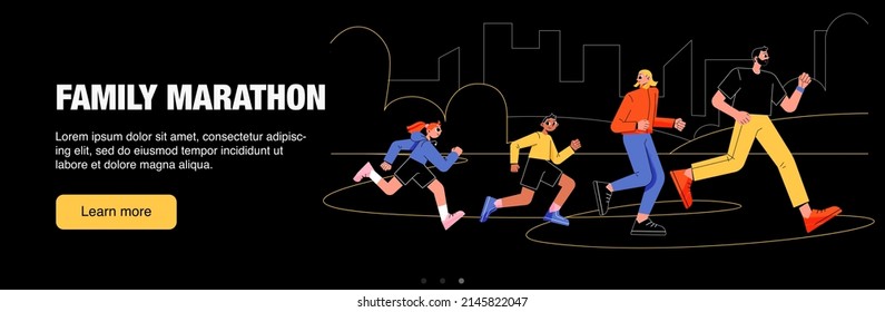 Banner web de maratón familiar, invitación a actividades físicas al aire libre para padres e hijos. Jogging, competición deportiva, personajes estilo de vida sano, arte de línea Vector plano Ilustración