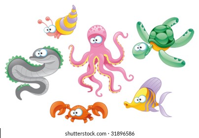 Family of marine animals. Funny cartoon and vector characters, isolated objects