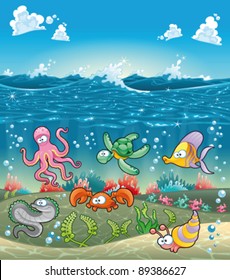 Family of marine animals under the sea. Funny cartoon and vector illustration